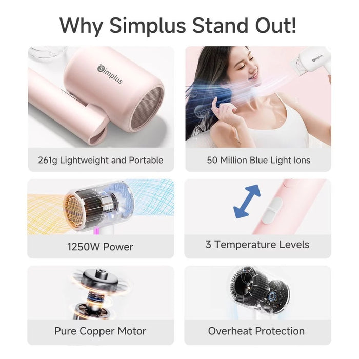 FOLDING HAIR DRYER 008 WITH NOZZLE WH NEGATIVE ION MODEL BS