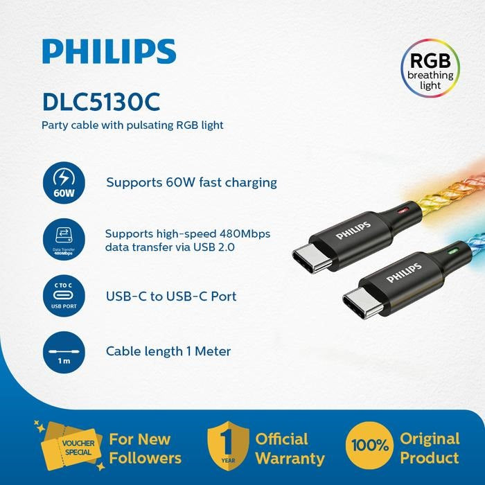 PHILIPS DLC5130C USB-C TO C CABLE BRAIDED RGB 60W 1M