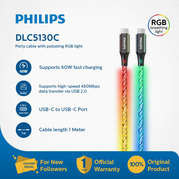 PHILIPS DLC5130C USB-C TO C CABLE BRAIDED RGB 60W 1M